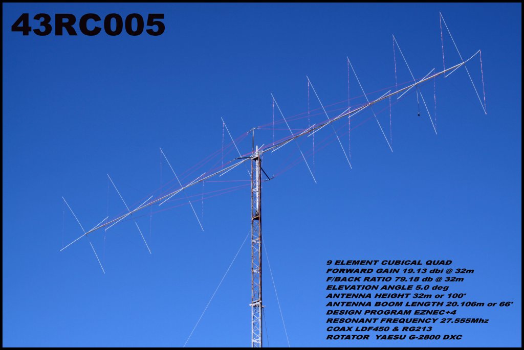 43RC005, 27 MHz, 9 el. 20m boom, 19.13 dbi @32m height
